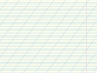 Obraz premium Vector seamless pattern of slanted blue guide lines on notebook paper for cursive writing practice and calligraphy exercises. Includes red margin guide line.