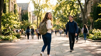 Obraz premium Cheerful young female college student turning to look over shoulder while smiling male friend walks on sunlit tree-lined university campus pathway with other students