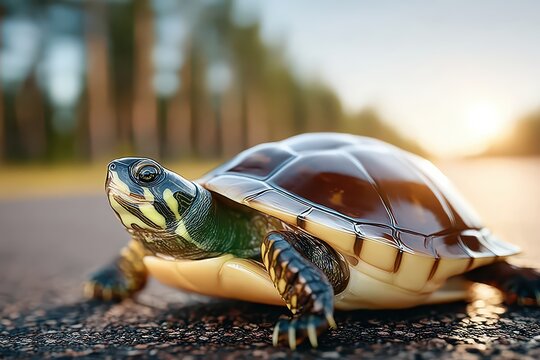 An endearing turtle makes its way across the road, its patterned shell glistening in the sunlight, a testament to its resilience and natural beauty in the wild