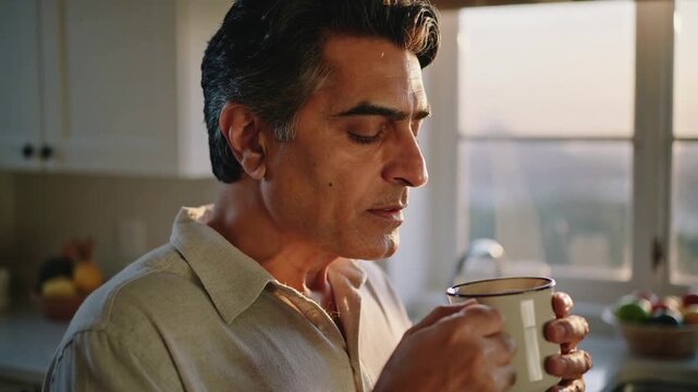 Sunlight drawing man wearing beige shirt by kitchen window, sipping enamel mug, savoring aroma