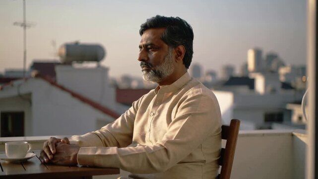Golden light drawing kurta-clad senior man straightening and gazing across rooftop with white cup