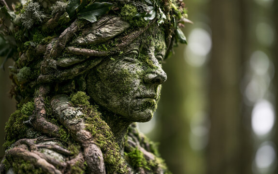 Ancient stone statue of woman covered in green moss, forest roots standing in woods. Mystical dryad fairy sculpture personifies nature spirit.