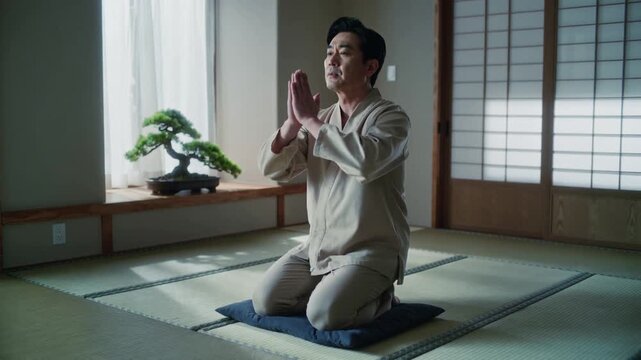 Kneeling man in beige kimono starting prayer, bowing, rising on tatami with blue zabuton and bonsai