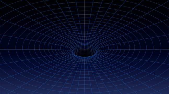 3D vector wireframe illustrations depicting a spacetime grid bending into a wormhole or black hole funnel. Features perspective digital mesh lines forming a gravitational vortex on a dark background