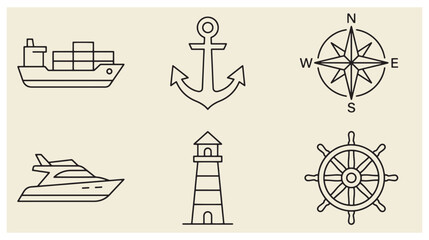 Naklejka premium Set of nautical design elements with cargo ship anchor windrose yacht lighthouse and steering wheel black and white line art windrose lighthouse maritime navigation