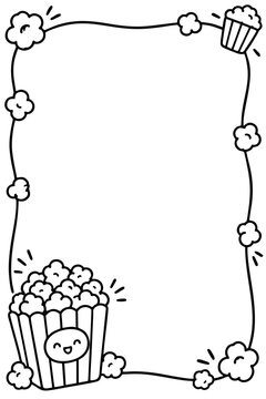 Popcorn frame border featuring cute hand drawn cartoon style illustrations for movie night snack themes and creative kids designs