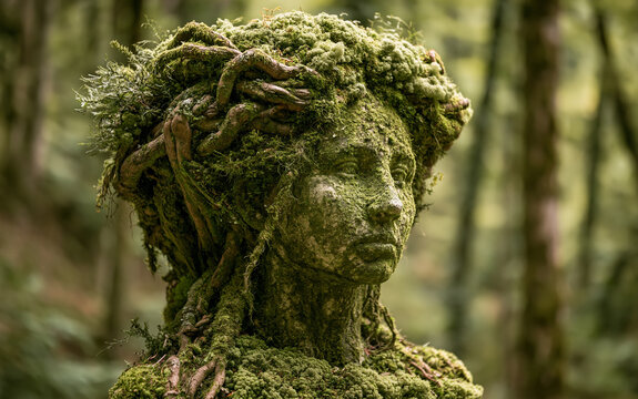 Ancient stone statue of woman covered in green moss, forest roots standing in woods. Mystical dryad fairy sculpture personifies nature spirit.