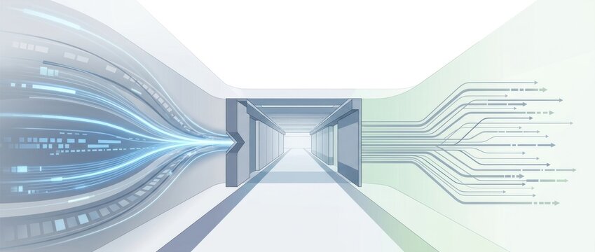 AI planning streams pass through a human review corridor into assigned execution paths, enterprise multi agent workflow orchestration banner with copy space