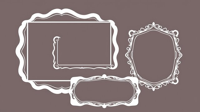 White Ornate Picture Frames on Brown Background.