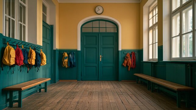 School hallway with lockers, wooden benches, and colorful backpacks