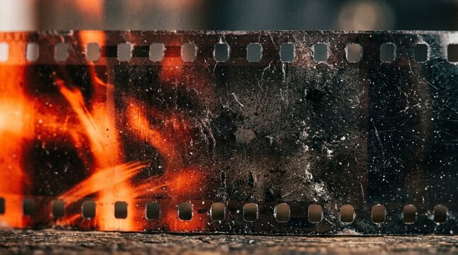 Vintage blank film strip close-up with heavy grain, dust particles, light leaks, scratches, and fiery orange tones on dark textured background, retro photographic aesthetic