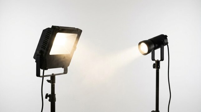 Two illuminated studio LED floodlights and spotlight on stands casting bright beams against a soft gray background, professional photography lighting equipment setup
