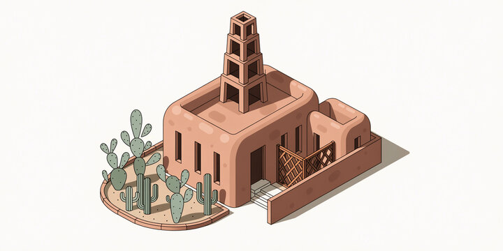 Passive Cooling Desert Home Illustration: An isometric graphic depicts a sustainable adobe-style house featuring a wind-catcher tower, shaded courtyard, and cactus garden