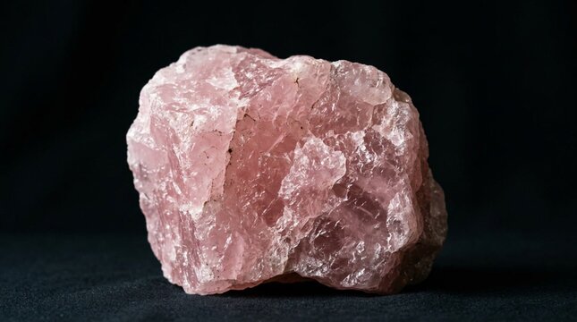Raw pink rose quartz crystal mineral specimen with rough crystalline texture displayed against a solid black background, close-up studio macro photograph of natural gemstone rock
