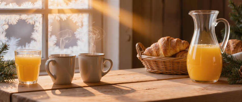 Festive food breakfast with orange juice croissant and coffee in warm sunlight