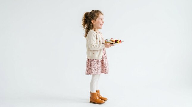 Delighted young girl in stylish floral skirt and cardigan holds plate of desserts, smiling eagerly in profile against soft gray background, joyful childhood moment