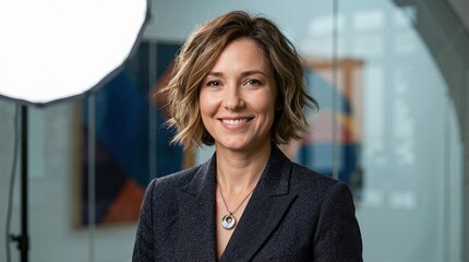Fototapeta premium Professional woman smiling under studio daylight lamp. Portrait of a confident businesswoman in a blazer