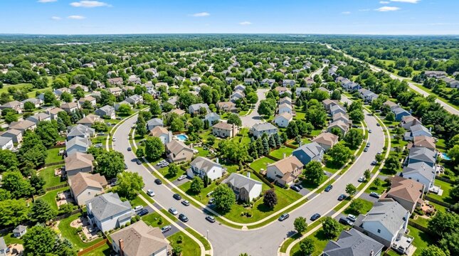 Aerial drone view of sunny suburban residential neighborhood with houses, green lawns, trees, and curving streets under bright summer sky
