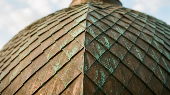 Close-up of weathered copper dome roof with overlapping tiles in diamond pattern showing green patina oxidation, architectural detail against cloudy sky background, textured metallic surface
