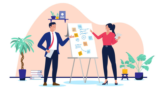 Business colleagues discussing project plan on flipchart with sticky notes in office, concept for brainstorming, strategy, teamwork and task management, flat design vector illustration