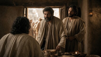 Fototapeta premium Two bearded men standing before seated man at table with bread and bowls in ancient stone room. Biblical Passover preparation and hospitality concept for religious illustration