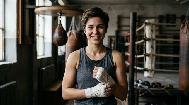 Confident female boxer with short dark hair smiling at camera, wearing gray tank top and white laced hand wraps, standing inside rustic boxing gym with hanging heavy bags