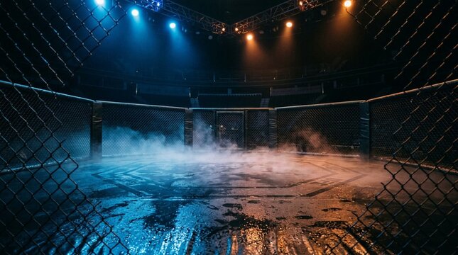 Empty MMA octagon with chain-link fence under dramatic blue and orange stage lights, low fog rolling across the wet fighting mat, atmospheric fight arena scene