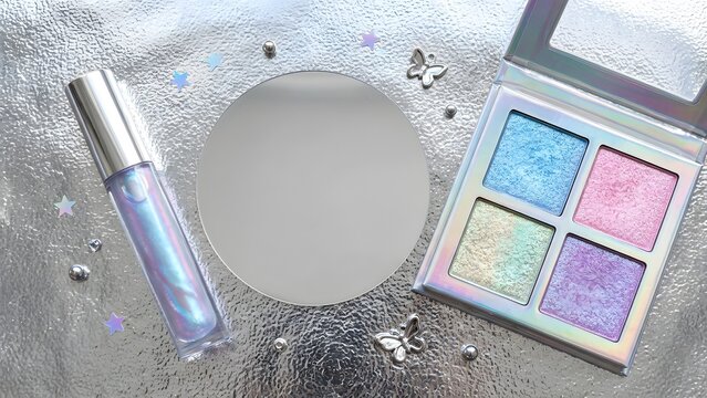 Cosmetic palette with four shimmering eyeshadows and iridescent lip gloss on a silver background with stars and butterflies