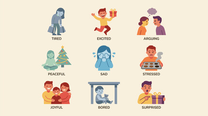 Fototapeta premium Icon set illustrating diverse human emotions: tired, excited, arguing, peaceful, sad, stressed, joyful, bored, surprised
