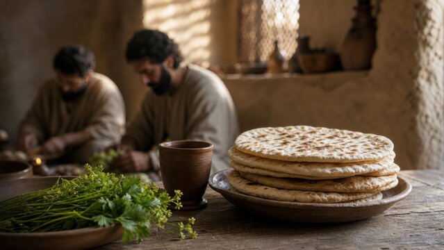 Stack of unleavened bread with bitter herbs and clay cup on wooden table while two bearded men prepare Passover meal in background. Biblical Last Supper preparation concept