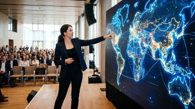 Female business presenter pointing at glowing digital world map on large screen during modern corporate conference presentation to seated audience