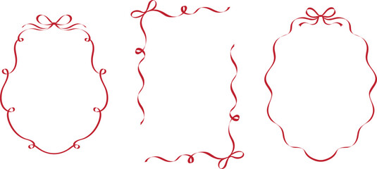 Naklejka premium Elegant and cute red ribbon wavy frames set with dedicated bows. Vintage hand drawn decorative borders for Christmas, valentines, birthday, wedding cards and invitations