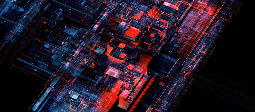 Cybersecurity network attack visualization with glowing digital circuitry and interconnected infrastructure. Abstract cyber threat hacking, cybercrime, network protection concept