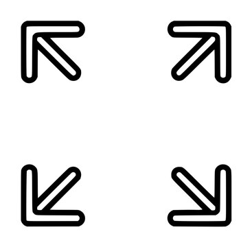 Minimalist black line vector icon of a fullscreen button featuring four arrows pointing outward to the corners, perfect for user interface design, website navigation, and digital media expansion.