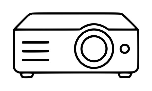 Minimalist vector icon of a digital video projector for home cinema or office presentations, featuring a clean black outline illustration of multimedia equipment on a white background.
