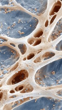 A microscopic view of a porous, bone-like structure with beige trabeculae against a blue-grey background.