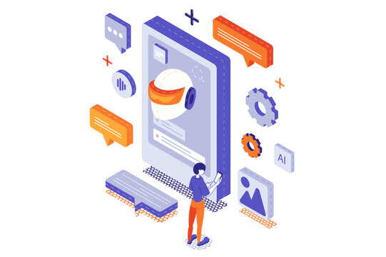 AI chat 3d isometric concept with isometry people for web design. Online communication with digital assistant in mobile app, texting with chat bot, using artificial intelligence. Vector illustration.