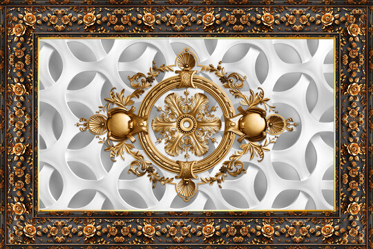 3d ceiling murals wallpaper, stucco moulding on marble background.