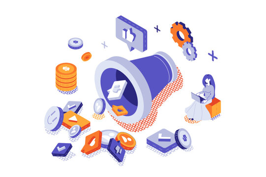 Business funnel 3d isometric concept with isometry people for web design. Lead generation conversion with advertising strategy and sales, business target and earning money flow. Vector illustration.