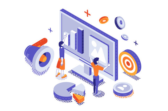 Digital marketing 3d isometric concept with isometry people for web design. Advertising campaign for audience engagement, analyzing data charts, online promotion and target. Vector illustration.