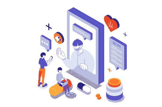 Medical service 3d isometric concept with isometry people for web design. Online video consultation with doctor for aid help and diagnosis, treatment prescription and support. Vector illustration.