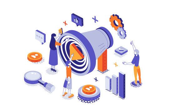 Referral marketing 3d isometric concept with isometry people for web design. Promotion with refer friends, loyalty program for customers, affiliate collaboration and partnership. Vector illustration.