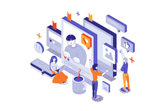 Social networking 3d isometric concept with isometry people for web design. Users browsing online, communicating, like posts in social media, sharing information or content. Vector illustration.