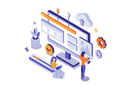 Software development 3d isometric concept with isometry people for web design. Team programming and creating products, testing code, editing and engineering, finding solutions. Vector illustration.