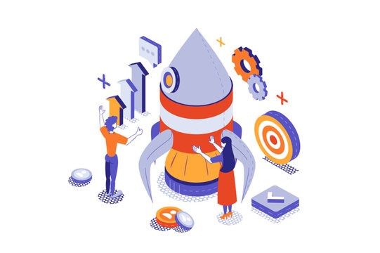 Startup 3d isometric concept with isometry people for web design. Entrepreneurs launch business, developing company, making strategy and planning investments, targeting goals. Vector illustration.