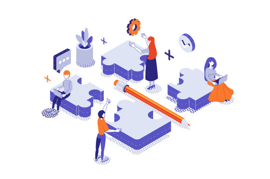 Teamwork 3d isometric concept with isometry people for web design. Office team solve problem and finding solutions, brainstorming together for innovation, cooperating at project. Vector illustration.