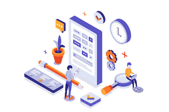 Time management 3d isometric concept with isometry people for web design. Productive work process, schedule optimization, appointment in calendar, making workflow with reminders. Vector illustration.