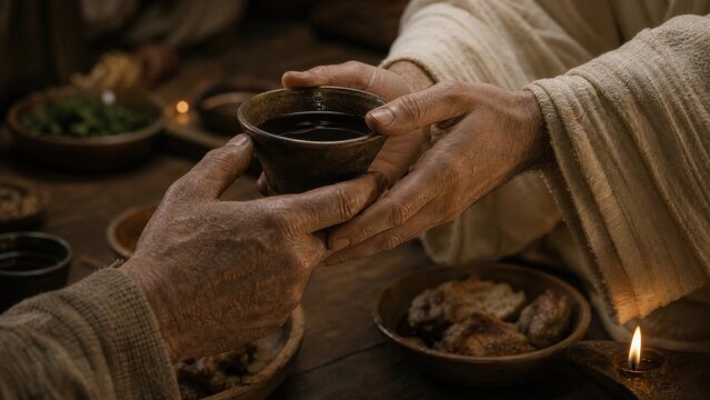 Close up of two men passing a shared clay cup of wine over a low wooden table with bread and oil lamp. Biblical last supper communion and fellowship concept for easter and faith
