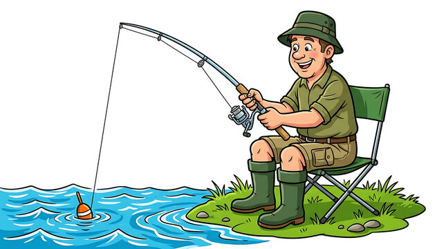 Smiling cartoon fisherman casting fishing line into blue water while relaxing on a grass riverbank