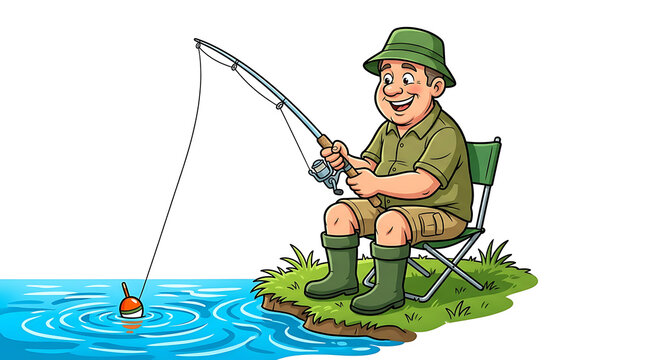 Happy Fisherman Catches a Fish While Sitting on the Shore of the Lake